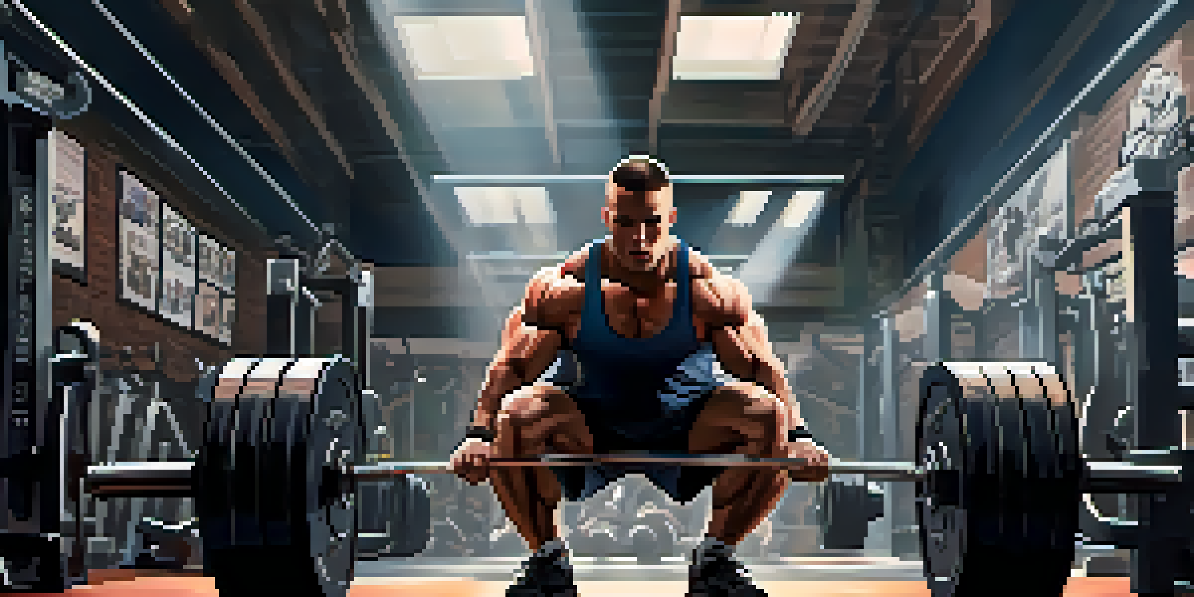 A powerlifter squats with heavy weights in a well-lit gym, showcasing their concentration and strength.