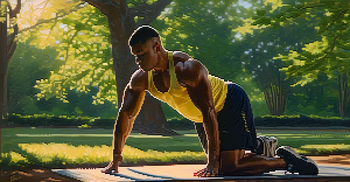 A muscular powerlifter performing hamstring stretches in a sunlit park surrounded by trees.
