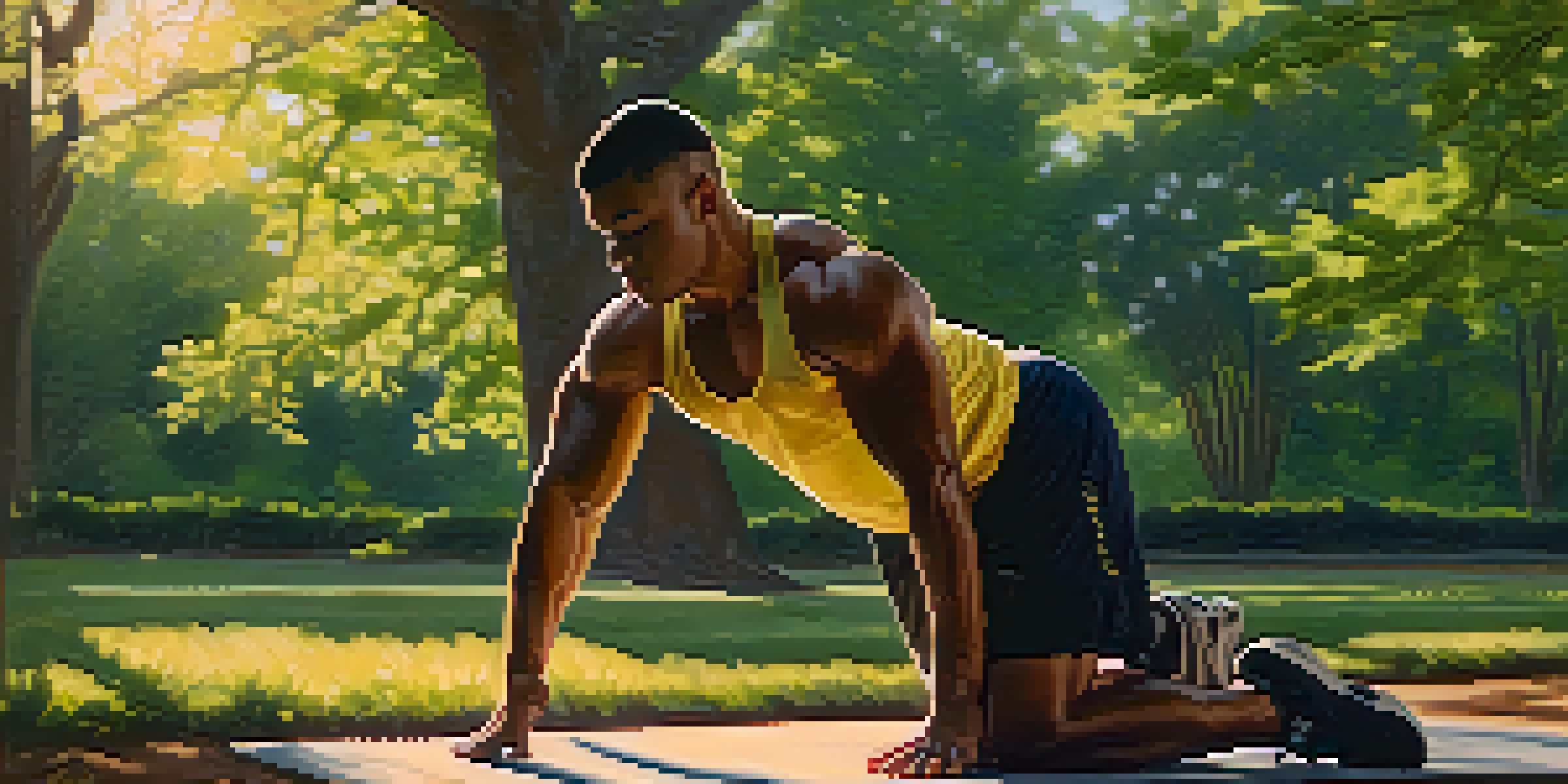 A muscular powerlifter performing hamstring stretches in a sunlit park surrounded by trees.