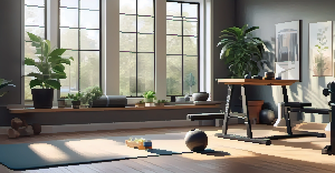 A bright and organized home gym with strength training equipment and natural light coming through a window.