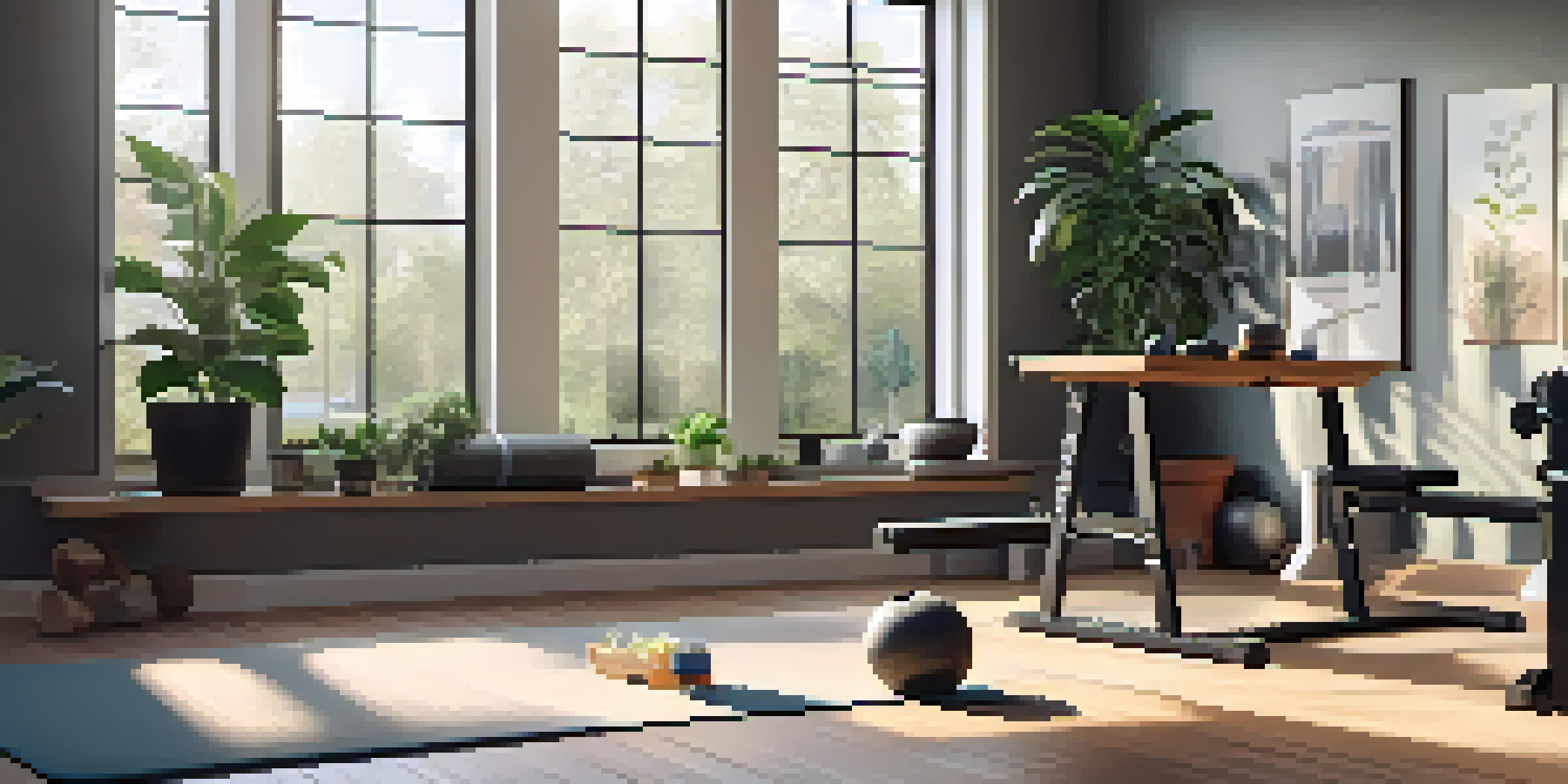A bright and organized home gym with strength training equipment and natural light coming through a window.