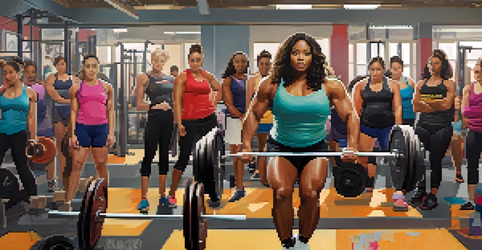 A group of diverse women lifting weights in a gym, showcasing determination and support.