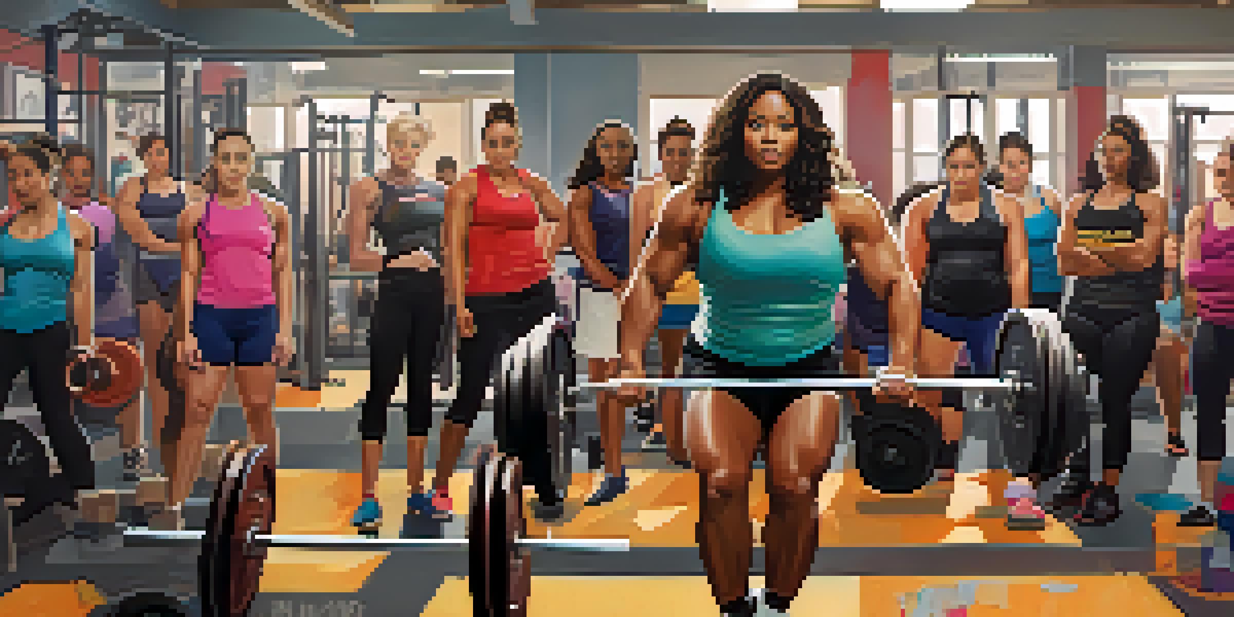A group of diverse women lifting weights in a gym, showcasing determination and support.