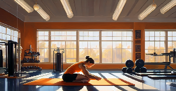 A powerlifter stretching on a yoga mat in a sunlit gym, showcasing weights and gym equipment in a serene environment.
