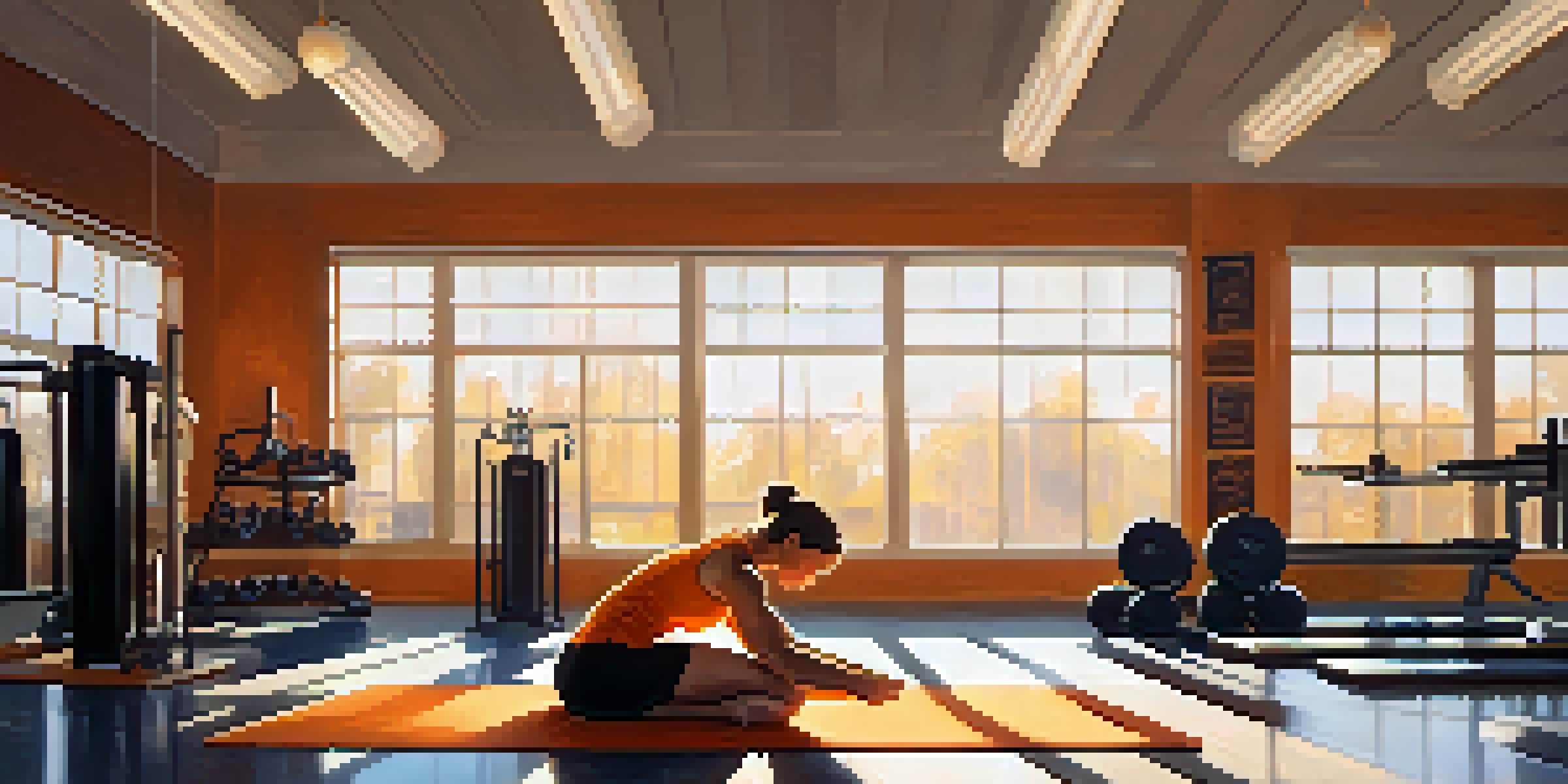 A powerlifter stretching on a yoga mat in a sunlit gym, showcasing weights and gym equipment in a serene environment.