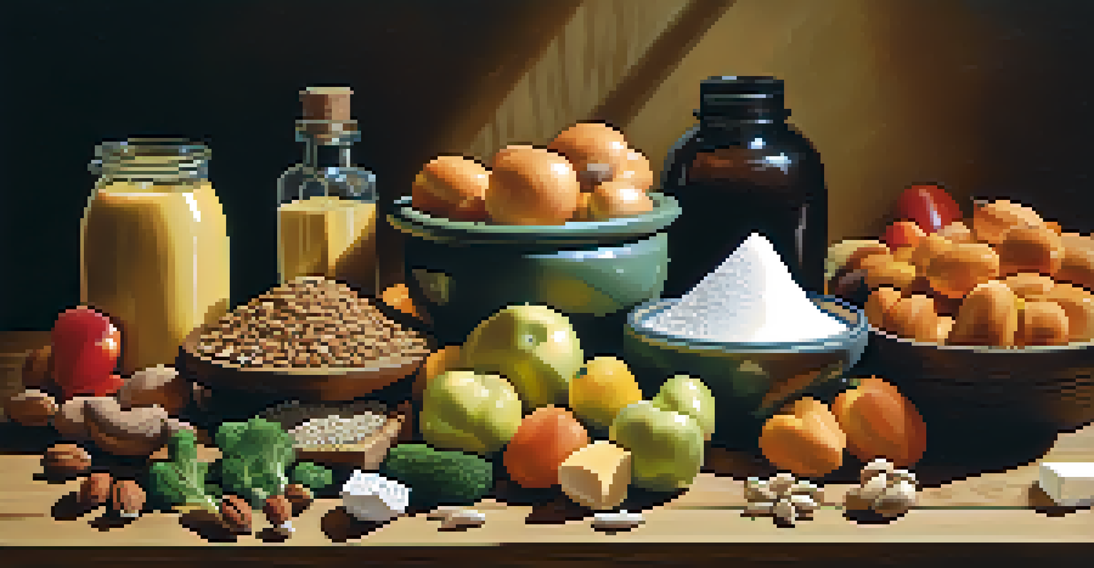 A collection of healthy foods including nuts, seeds, dairy, and vegetables displayed on a wooden countertop.