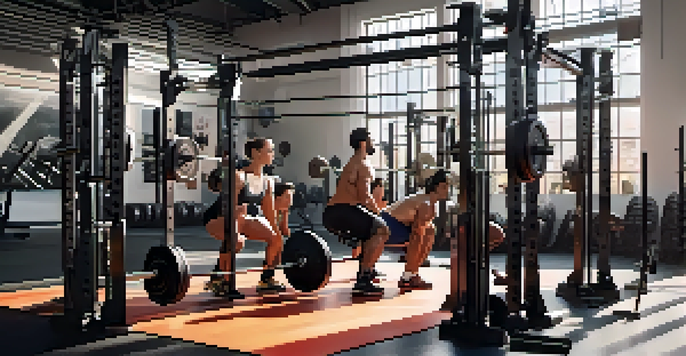 A diverse group of powerlifters in a well-lit gym, focused on lifting weights with determination, surrounded by motivational posters.