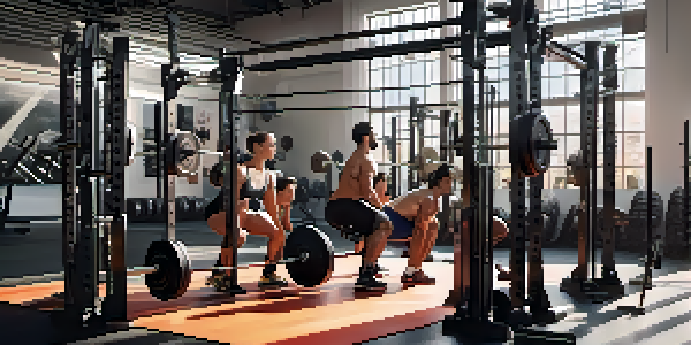 A diverse group of powerlifters in a well-lit gym, focused on lifting weights with determination, surrounded by motivational posters.