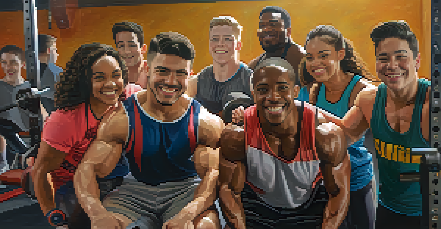 A group of young powerlifters in a gym, showcasing teamwork and support as one athlete lifts weights while others cheer.