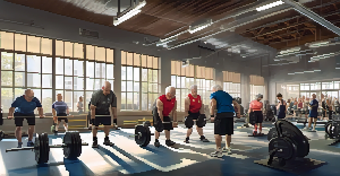 Older adults lifting weights in a bright and inviting gym, showcasing strength and determination.