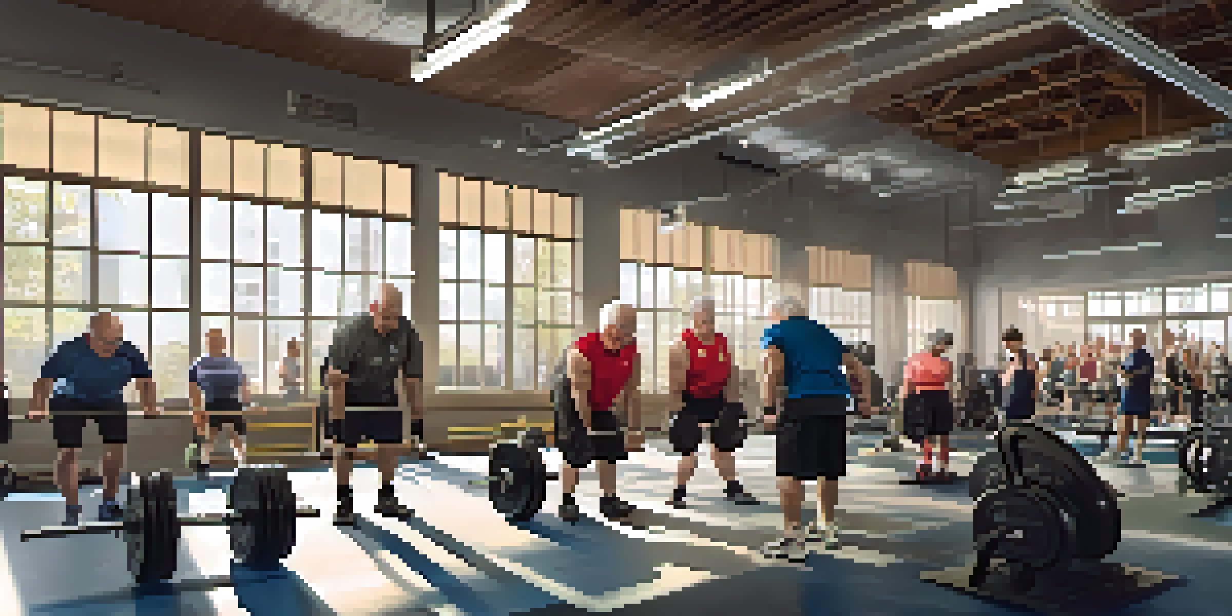 Older adults lifting weights in a bright and inviting gym, showcasing strength and determination.