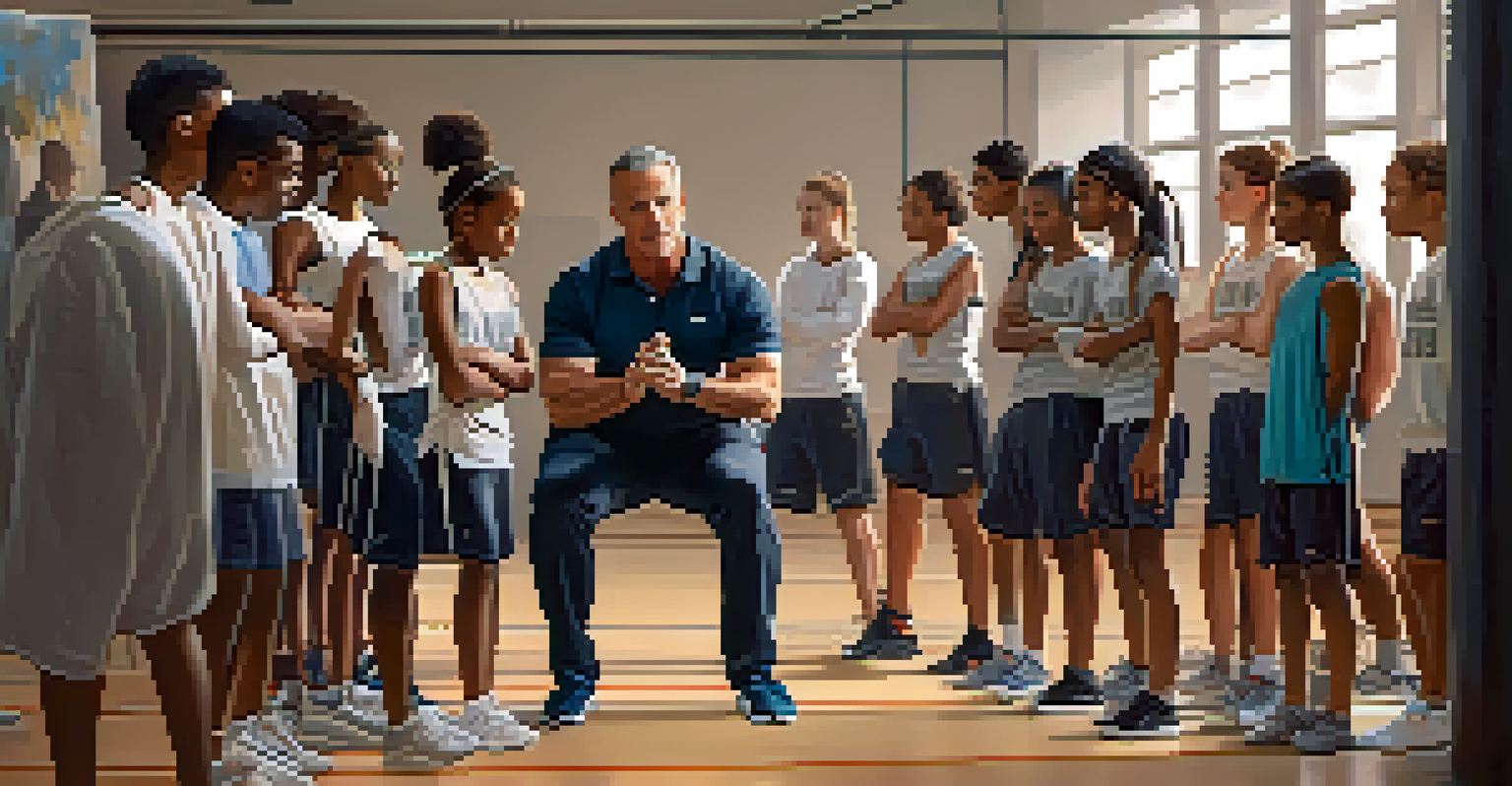A coach demonstrating squat technique to diverse young athletes in a gym, with motivational posters and warm lighting creating a supportive environment.