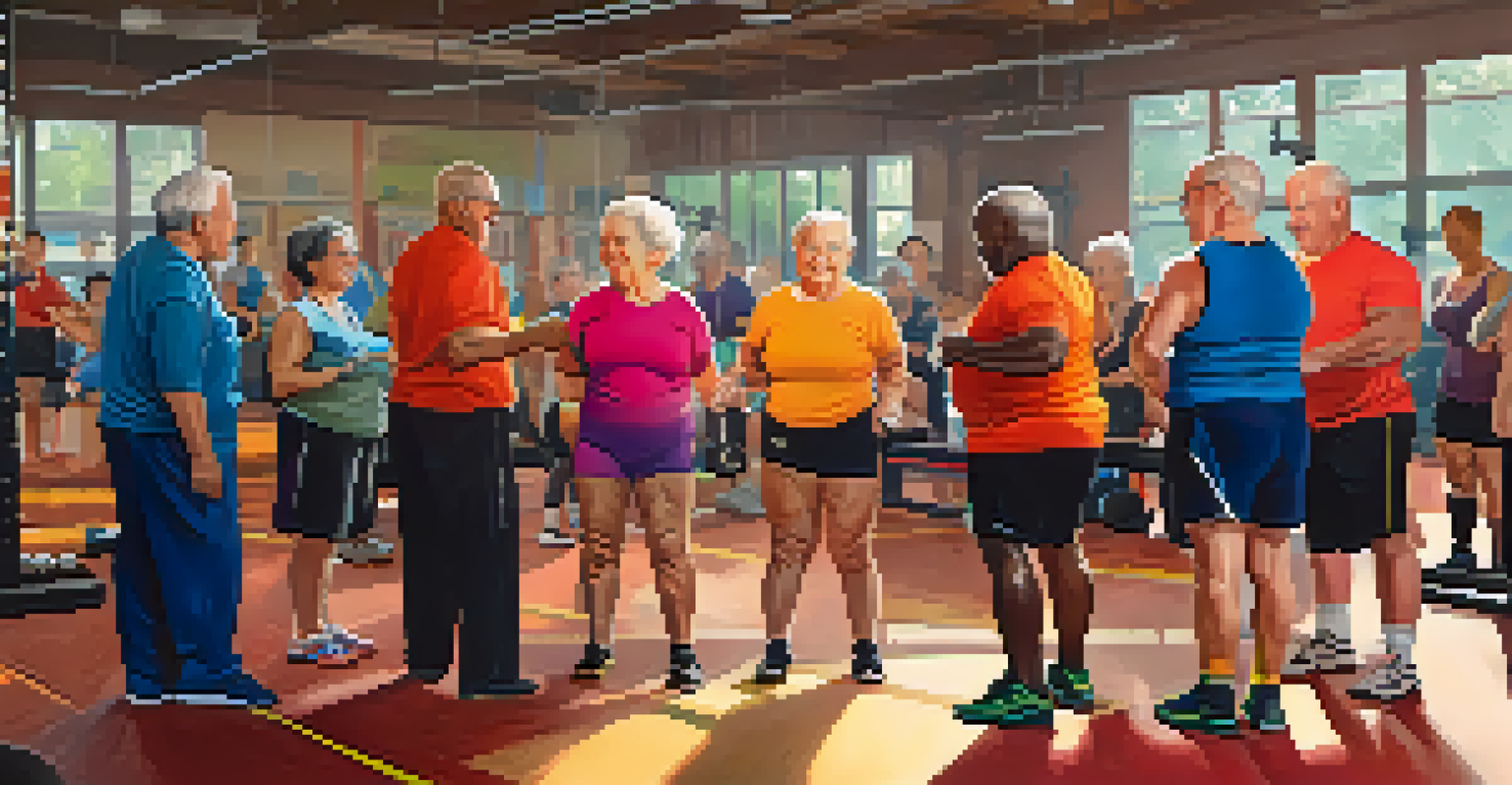 A group of older adults in a powerlifting class, receiving coaching and supporting each other in a colorful gym environment.