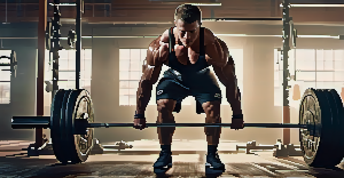 A powerlifting athlete focused on deadlifting in a gym, with sunlight casting shadows and weights in the background.