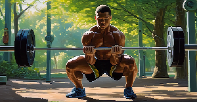 A powerlifter training outdoors, lifting a barbell surrounded by green trees and sunlight, showing determination and focus.