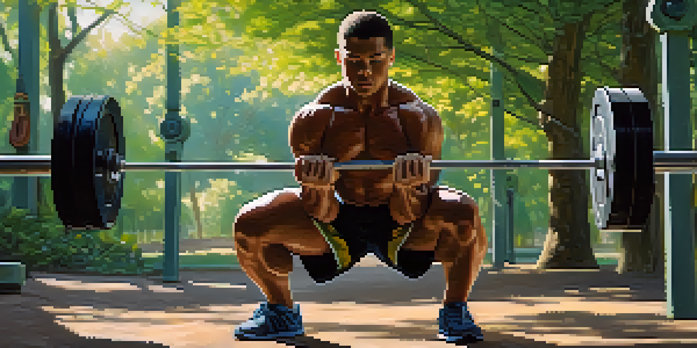 A powerlifter training outdoors, lifting a barbell surrounded by green trees and sunlight, showing determination and focus.