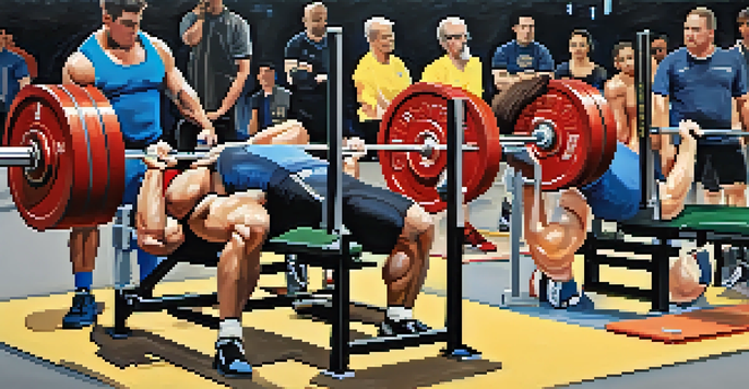 A lively powerlifting competition with diverse athletes performing various lifts in a well-lit gym, surrounded by spectators.