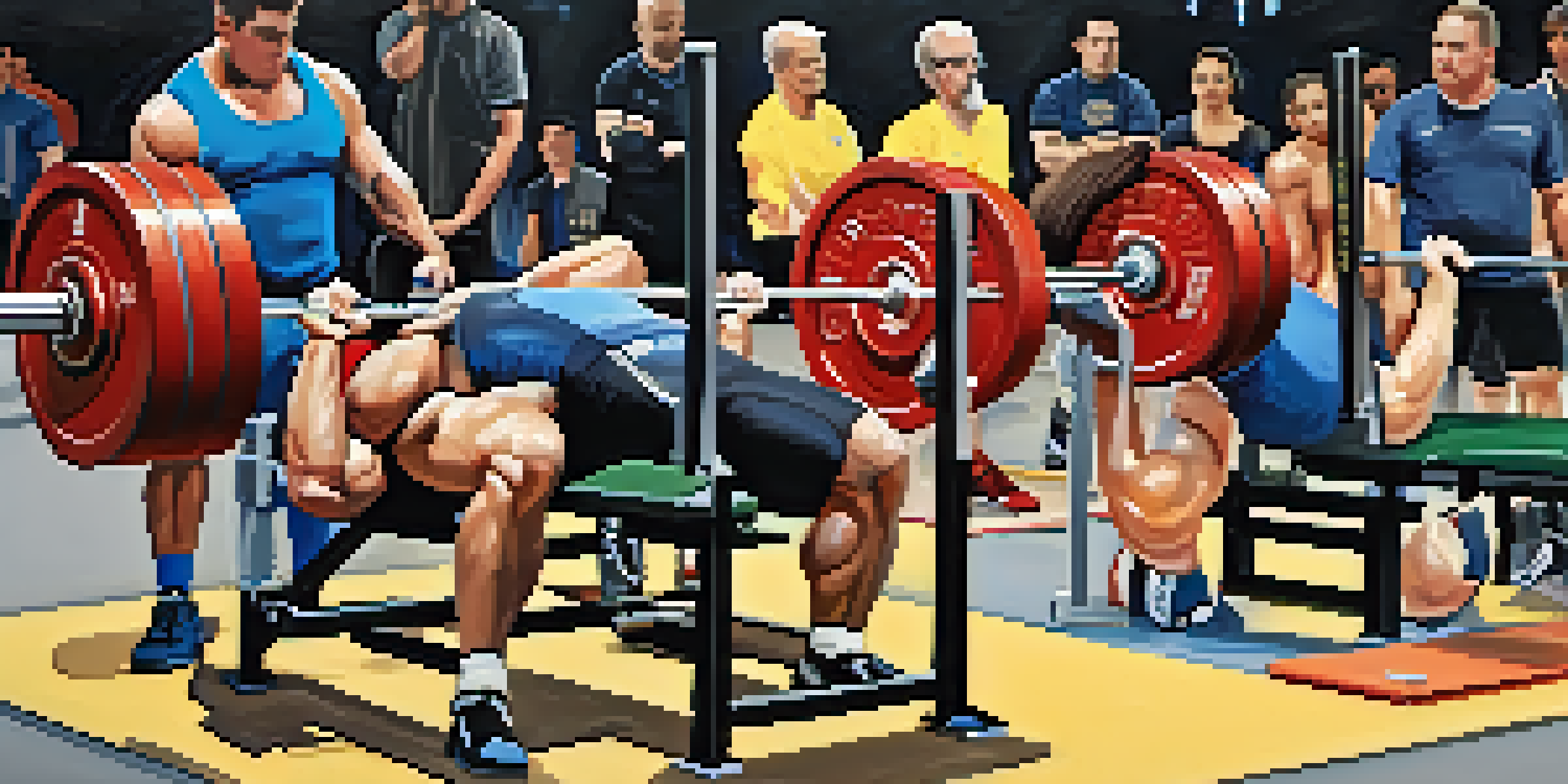 A lively powerlifting competition with diverse athletes performing various lifts in a well-lit gym, surrounded by spectators.
