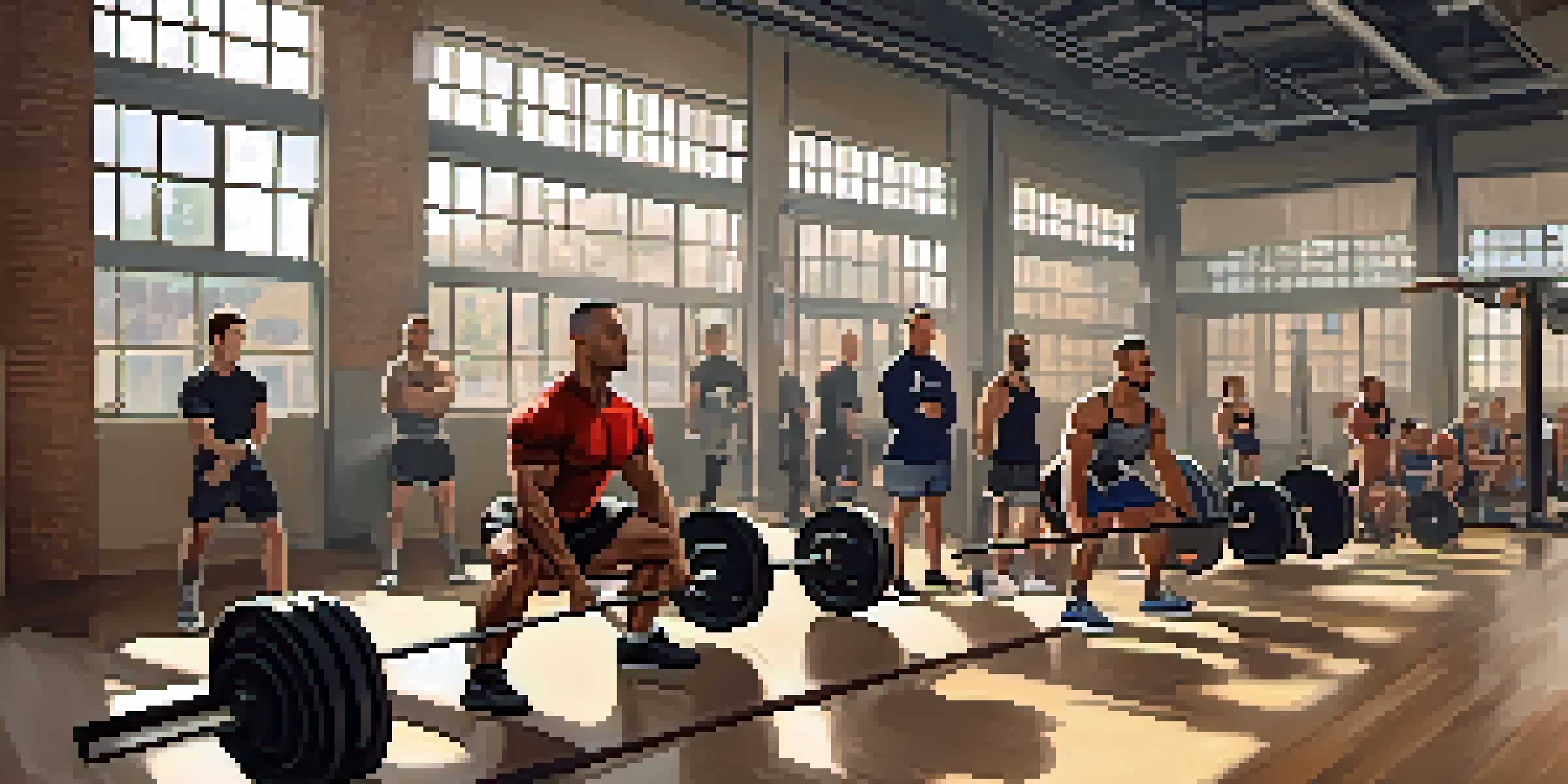 A powerlifting gym with diverse athletes performing squat, bench press, and deadlift, illuminated by natural light.