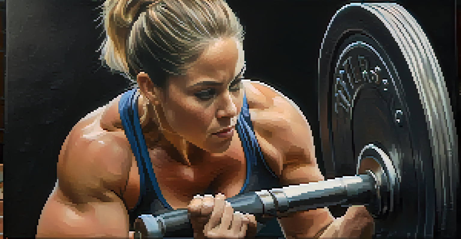 A close-up of a determined powerlifter, a middle-aged woman, gripping a barbell with chalked hands, showcasing her focus.