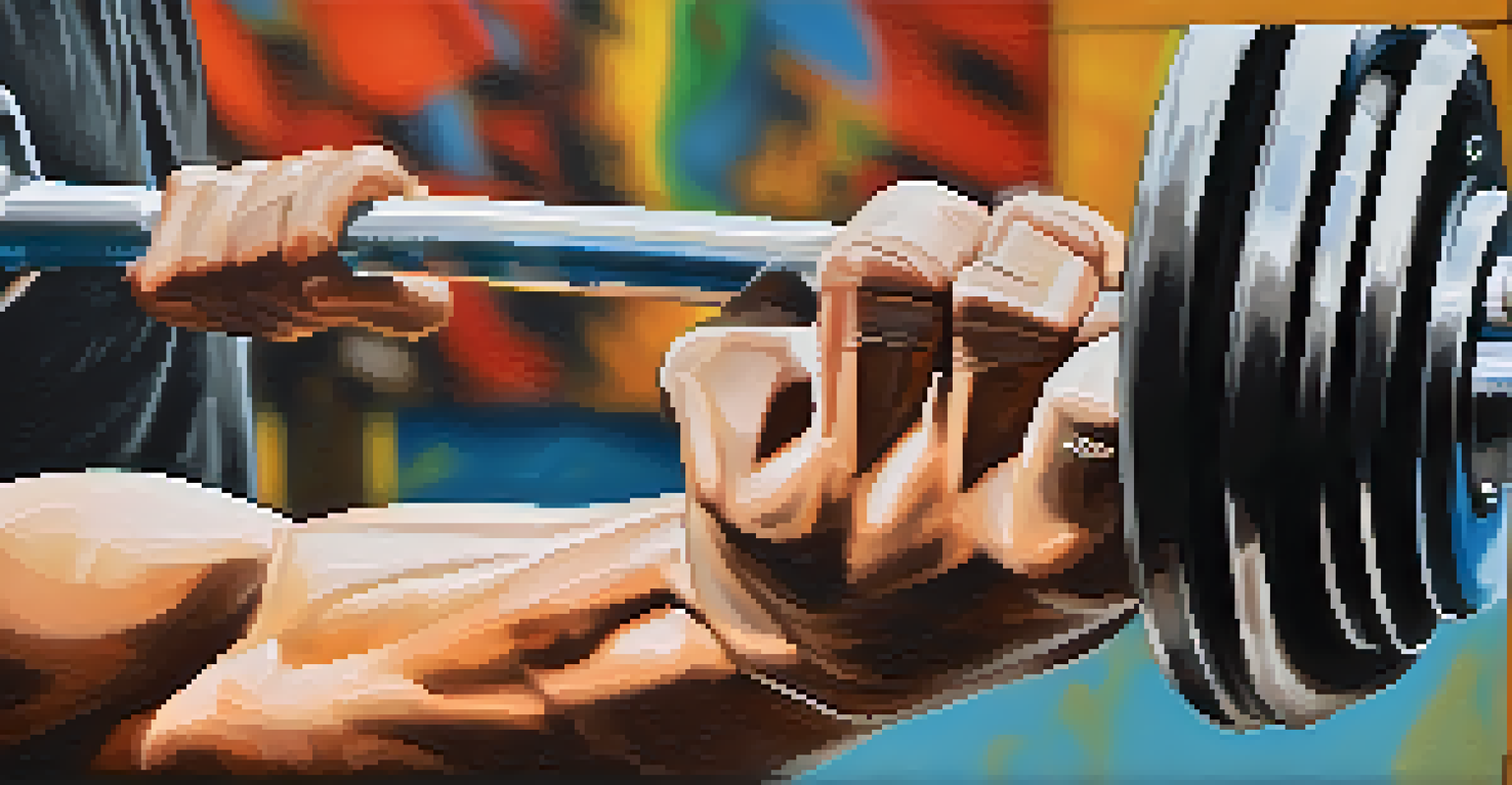 A close-up of a powerlifter's hand gripping an eco-friendly barbell, with gym posters on sustainability blurred in the background.
