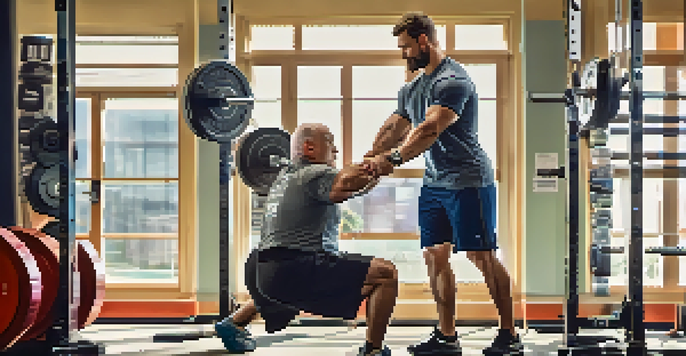 A therapist instructing a patient on how to perform a squat in a well-lit gym, showcasing proper lifting technique.