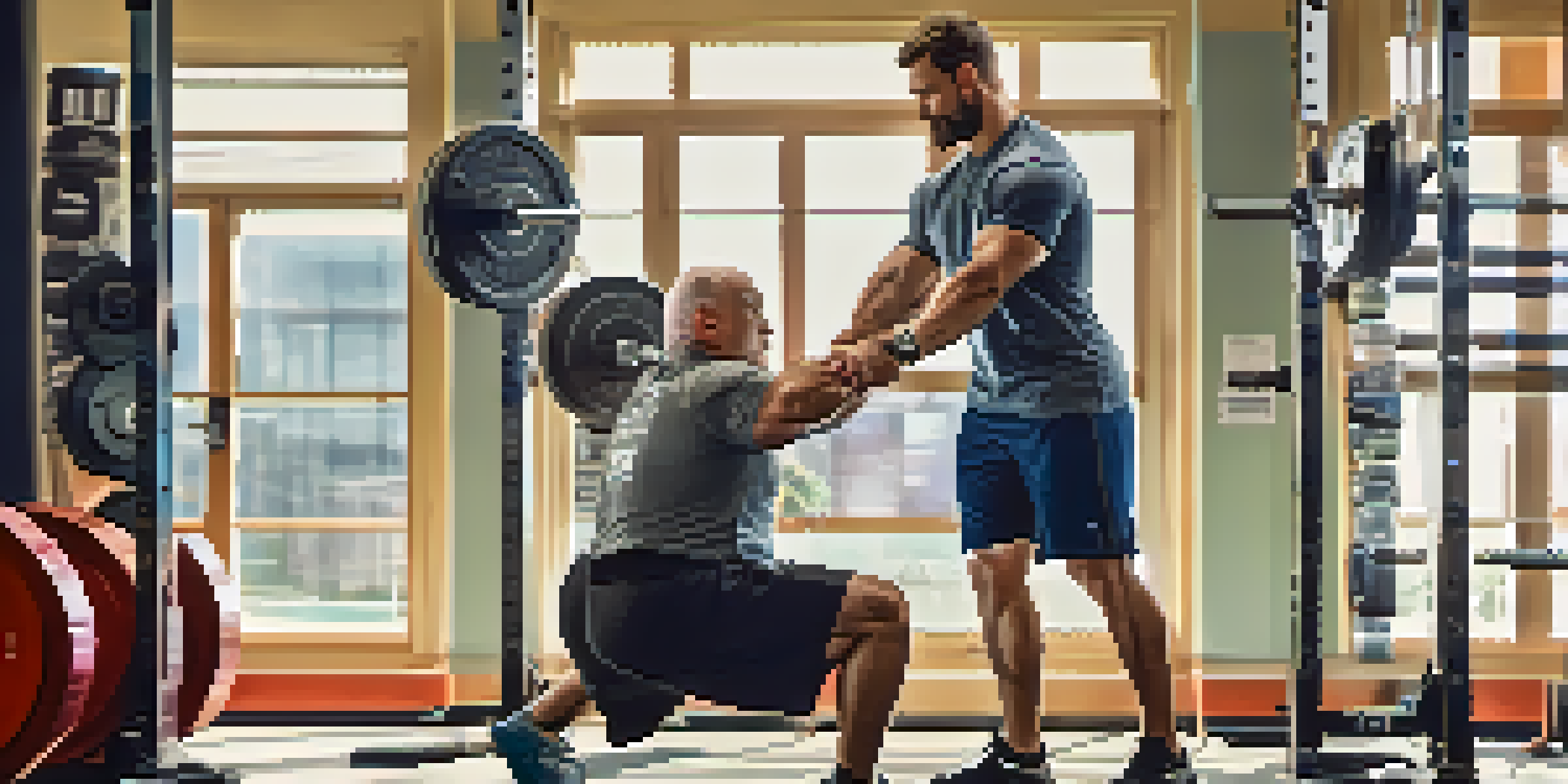 A therapist instructing a patient on how to perform a squat in a well-lit gym, showcasing proper lifting technique.