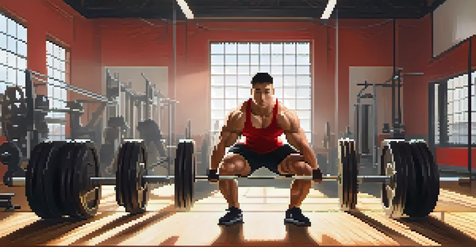 A powerlifter in a sunlit gym focusing on their squat form, with weights and motivational posters around.