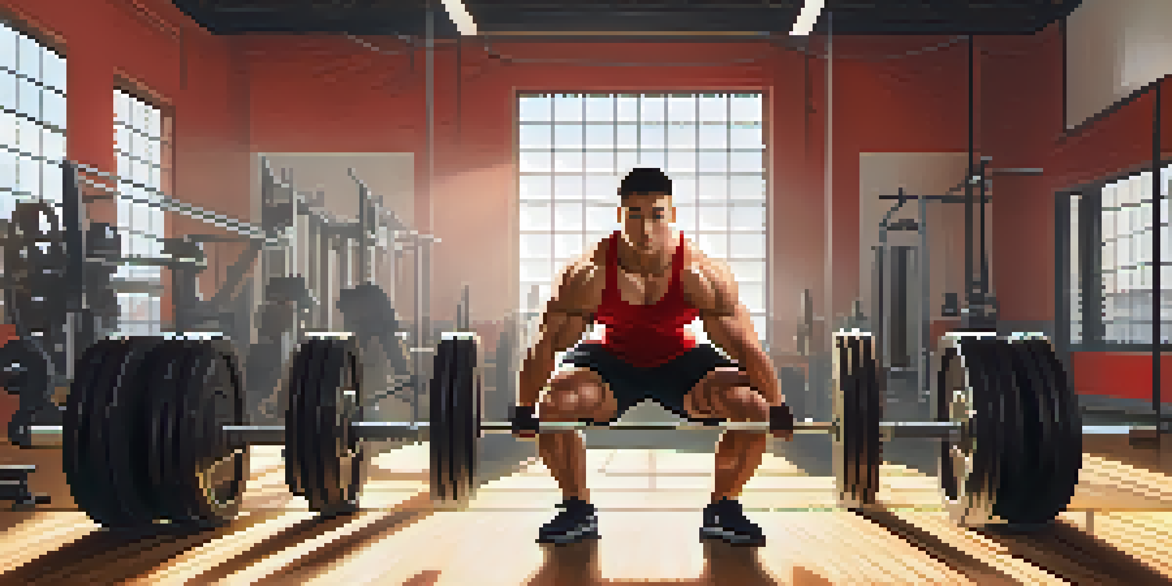 A powerlifter in a sunlit gym focusing on their squat form, with weights and motivational posters around.