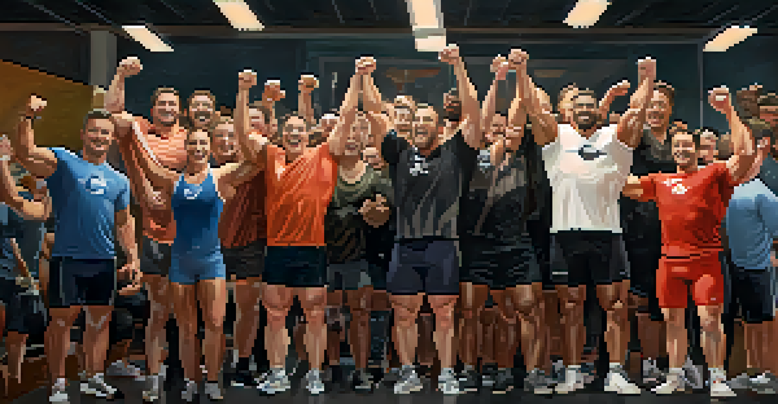Powerlifters joyfully celebrating a personal record in a supportive gym environment, with smiles and high-fives among teammates.