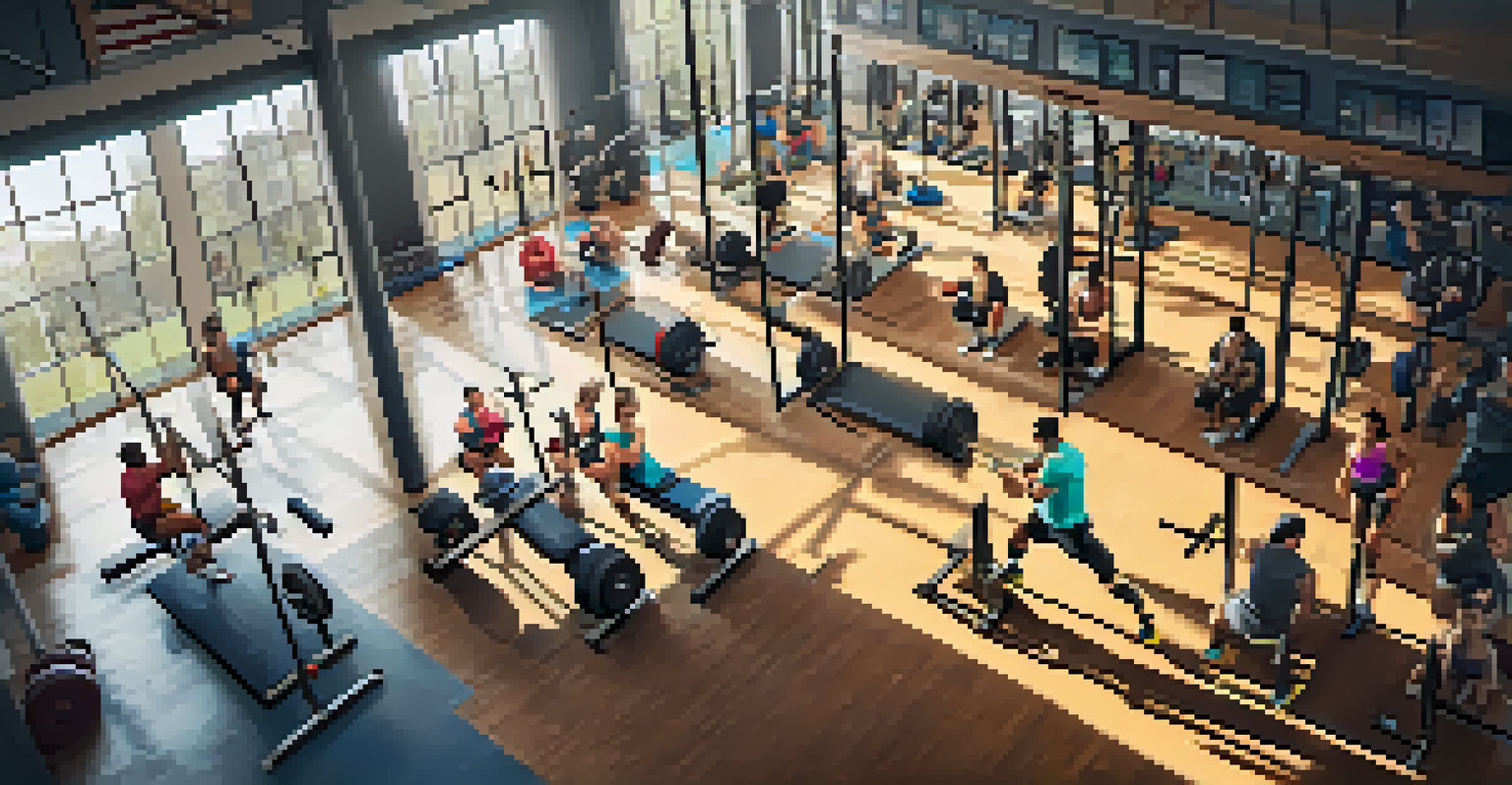 An overhead view of multiple powerlifters training in a gym, showcasing diversity and energy in their lifting techniques.
