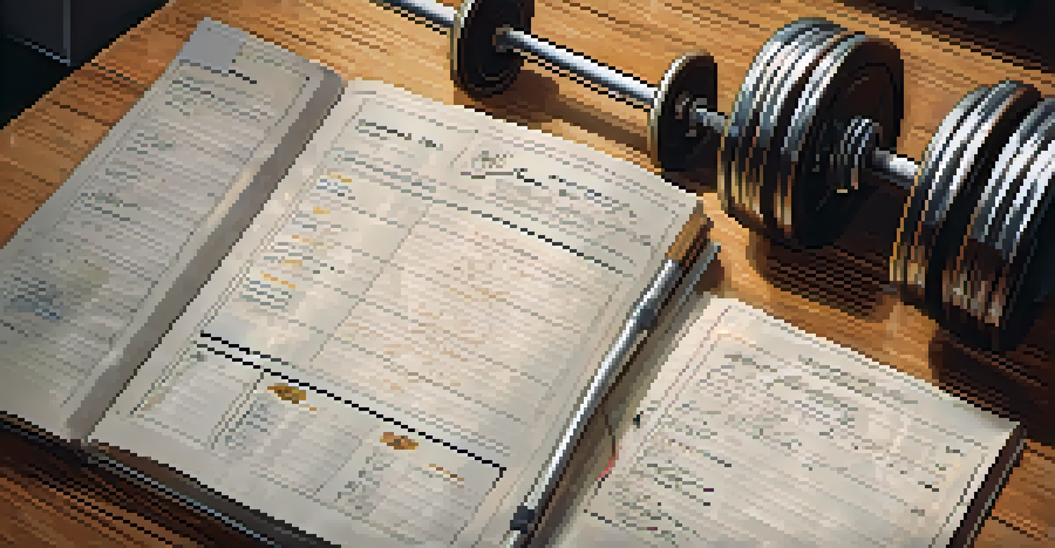 An overhead view of a powerlifting training log with notes and calculations on a table, surrounded by gym equipment.