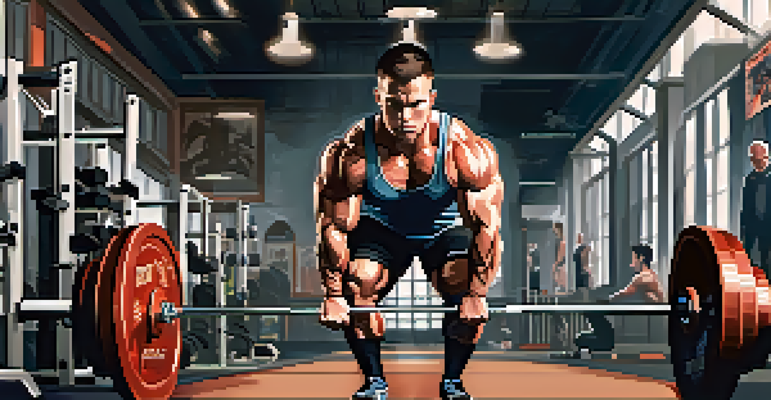 A focused powerlifter lifting weights in a gym, demonstrating strength and proper form amidst gym equipment.