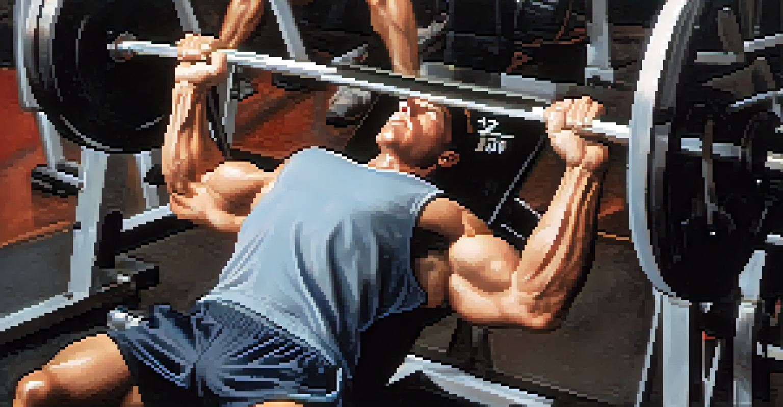 An overhead perspective of a lifter executing a bench press with correct grip and elbow positioning, showcasing the effort and focus.