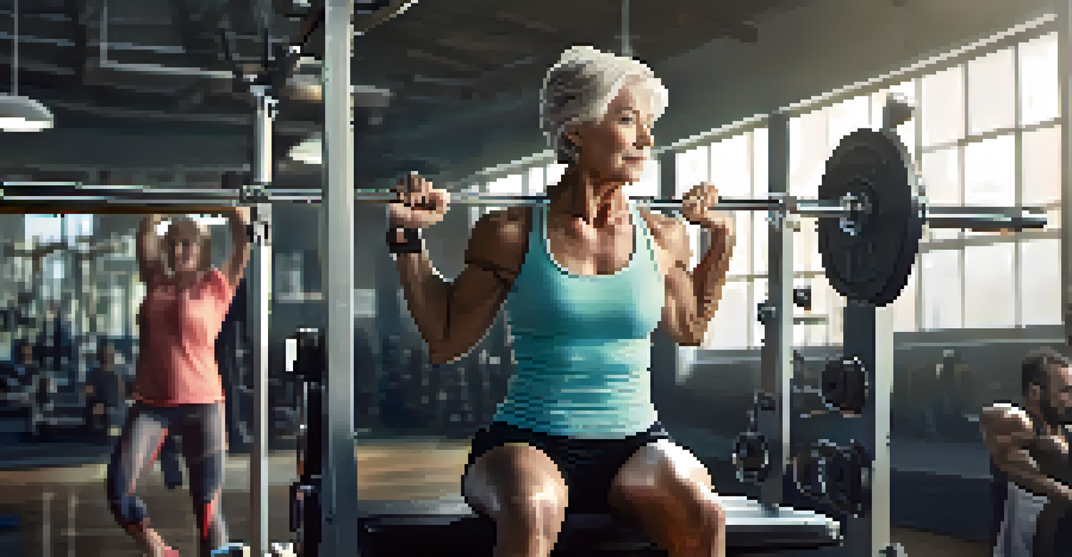 An older woman lifting weights on a bench press with a focused expression in a bright gym.