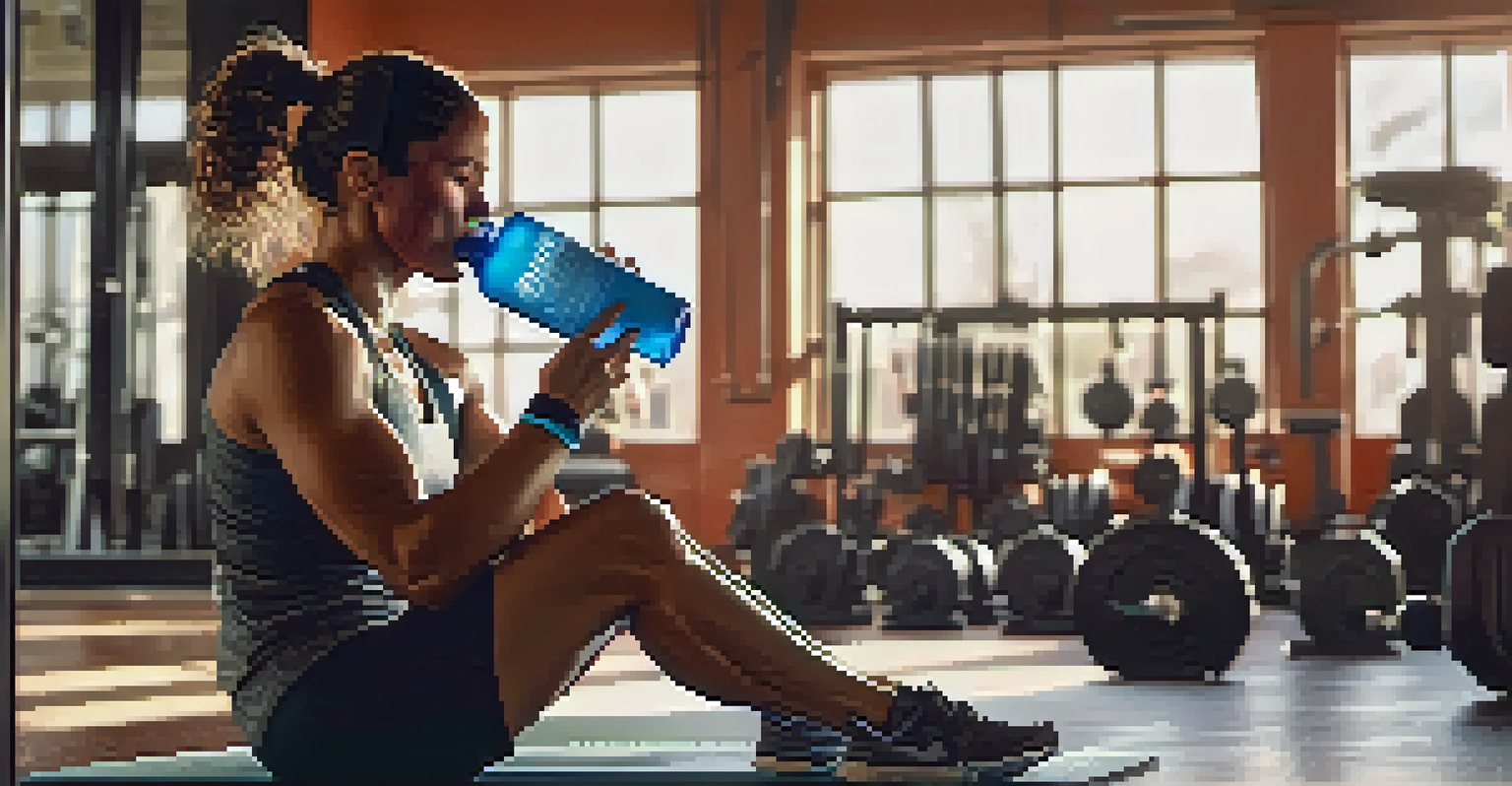 An athlete hydrating with an electrolyte drink after a workout in a well-lit gym.