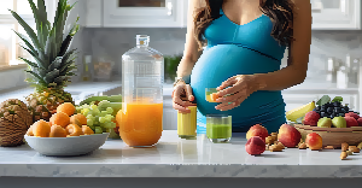 Close-up of a pregnant woman holding a glass of water and a healthy snack on a kitchen counter.