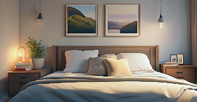 A cozy bedroom with soft lighting, a neatly made bed, a bookshelf, and a cup of tea on the bedside table.