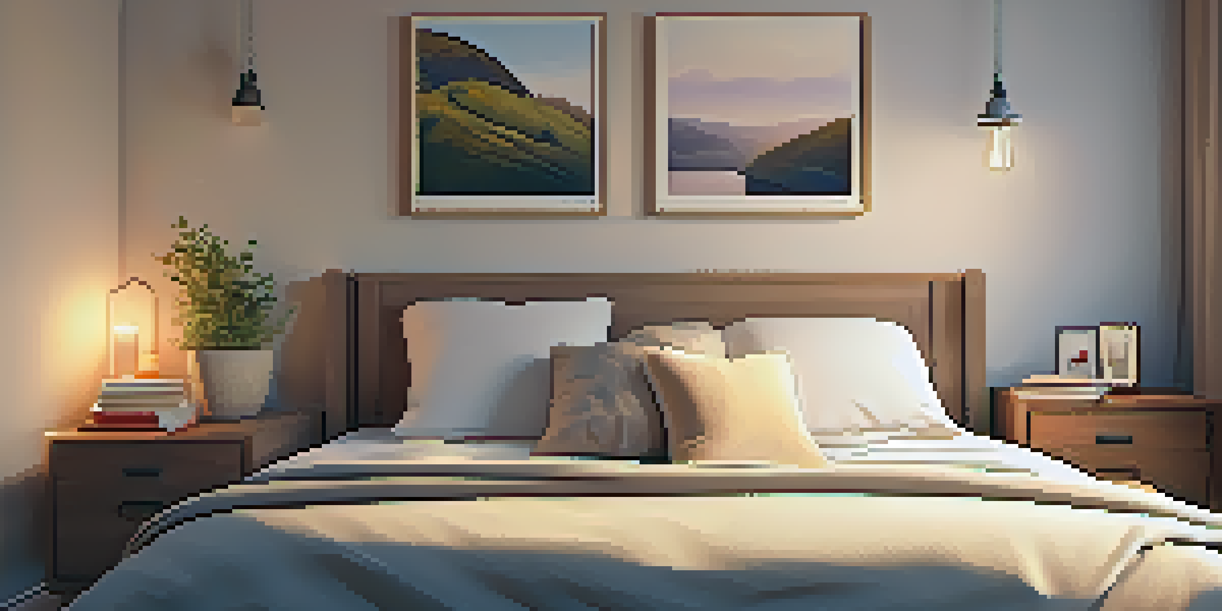 A cozy bedroom with soft lighting, a neatly made bed, a bookshelf, and a cup of tea on the bedside table.