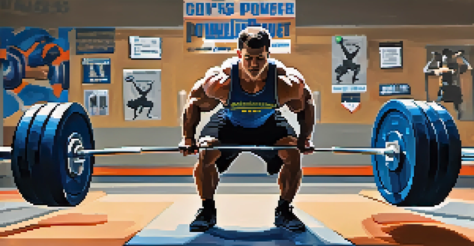 A powerlifter focusing on a deadlift in a gym, surrounded by equipment and bright lighting.