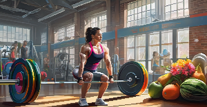 A powerlifter in a sunlit gym, adjusting their training routine with seasonal decorations around, including spring flowers and summer fruits.