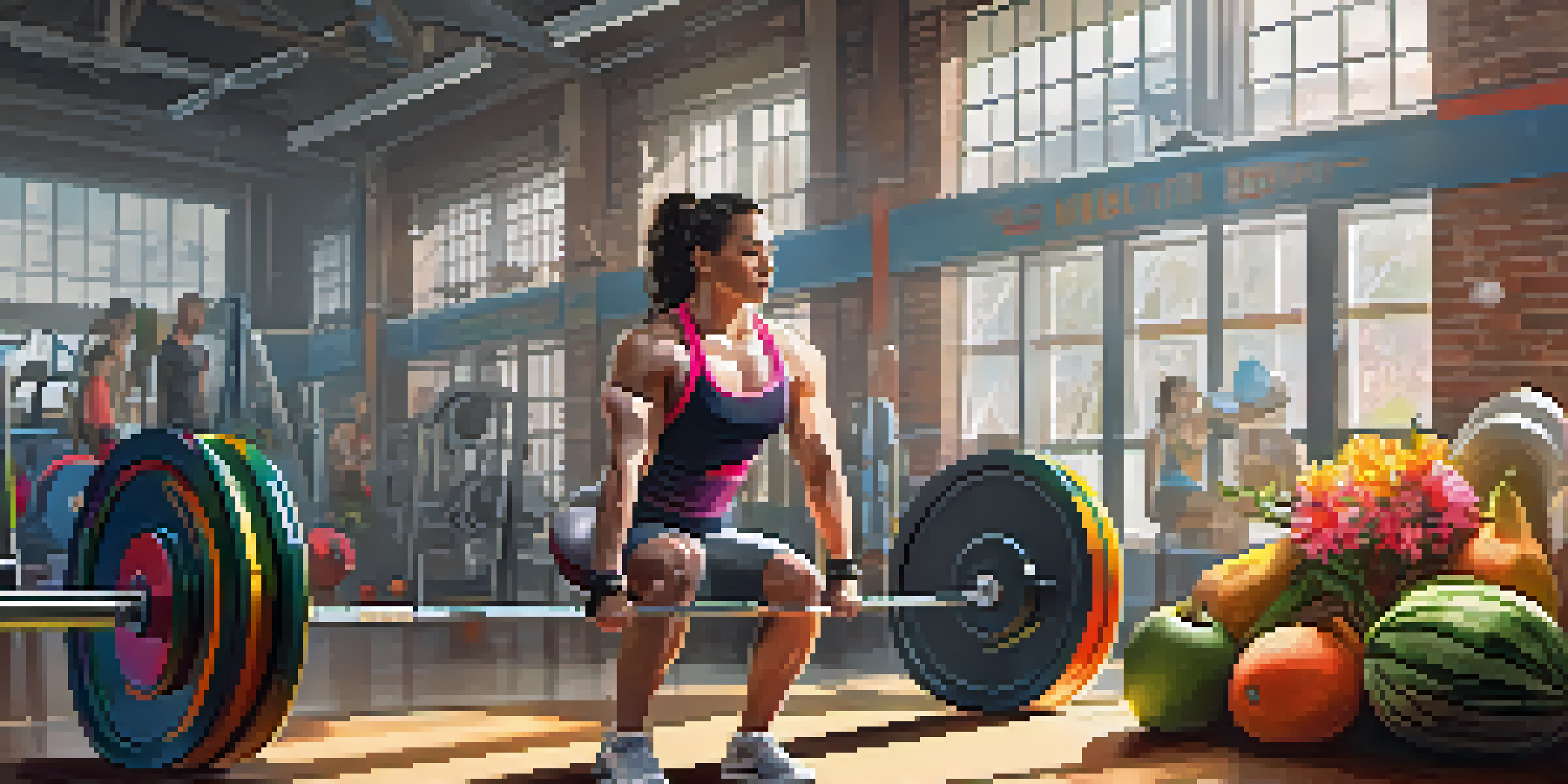 A powerlifter in a sunlit gym, adjusting their training routine with seasonal decorations around, including spring flowers and summer fruits.