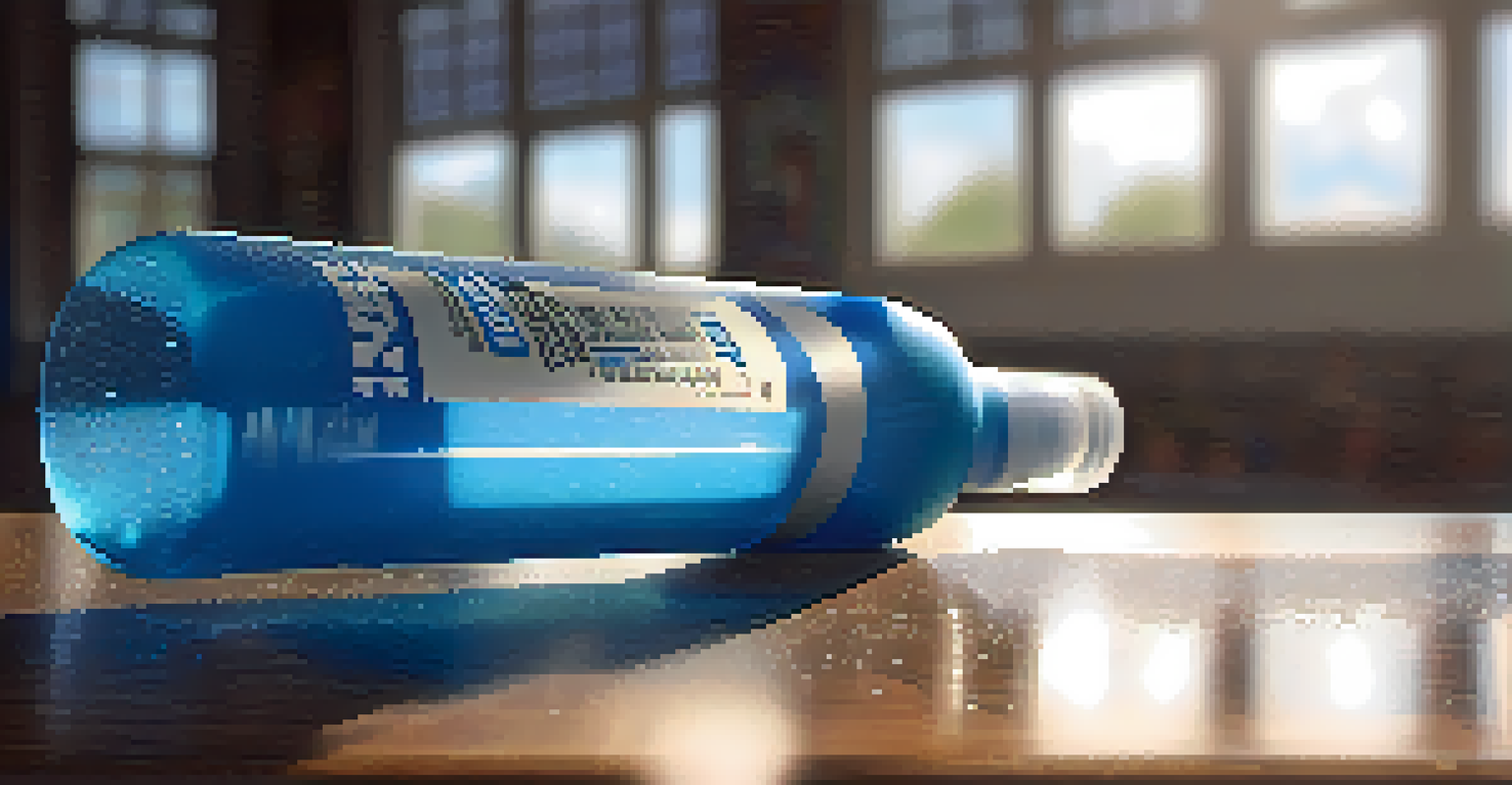 A close-up of a water bottle with electrolyte powder on a gym bench, with weights in the background.