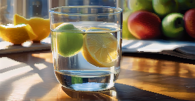 A glass of water with condensation on a wooden table, with a blurred gym in the background and sunlight streaming in.