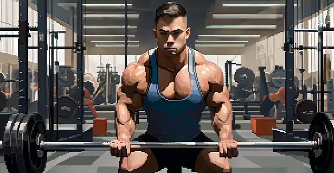 A focused powerlifter lifting weights in a well-lit gym with organized equipment in the background.