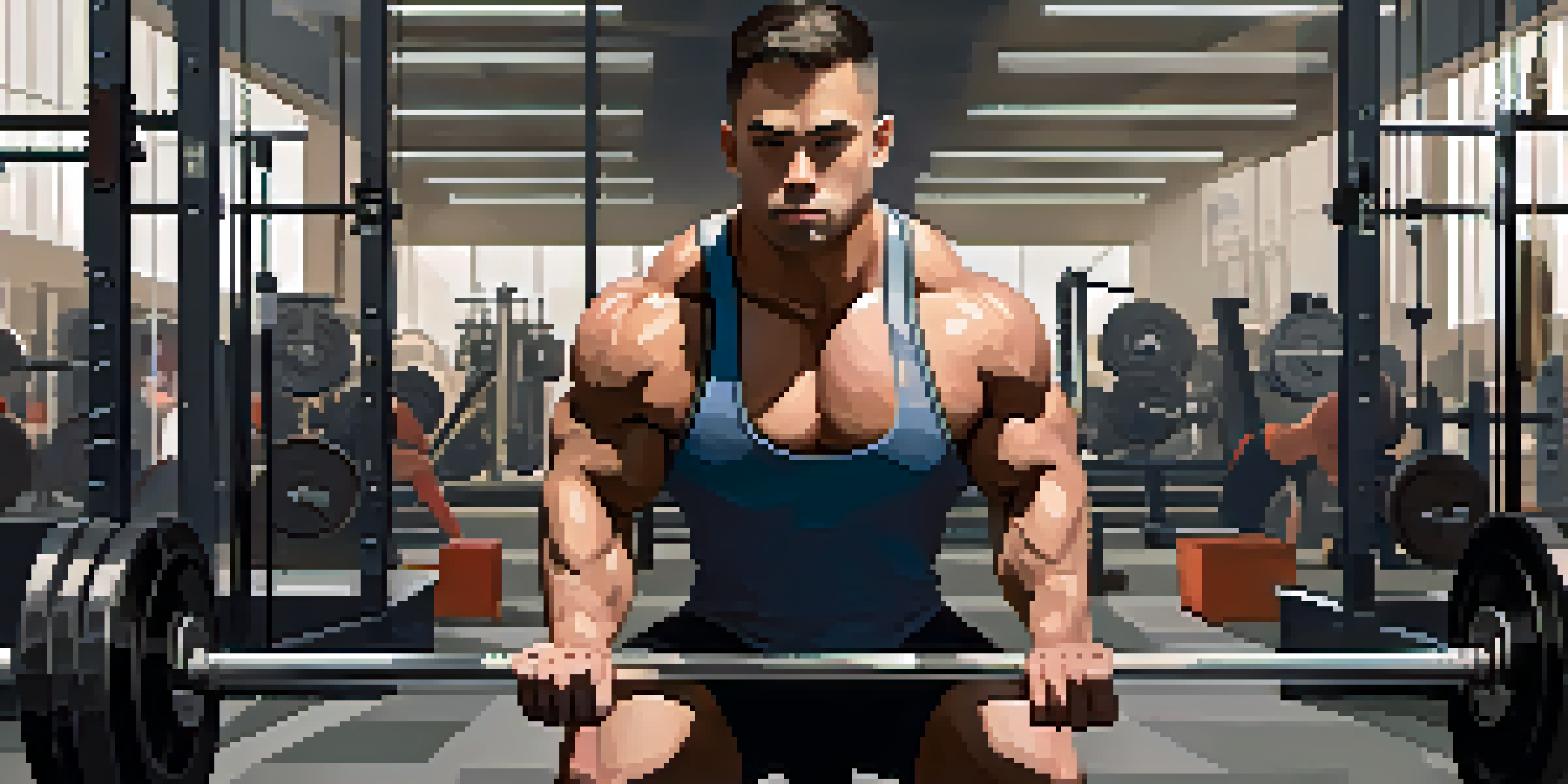 A focused powerlifter lifting weights in a well-lit gym with organized equipment in the background.