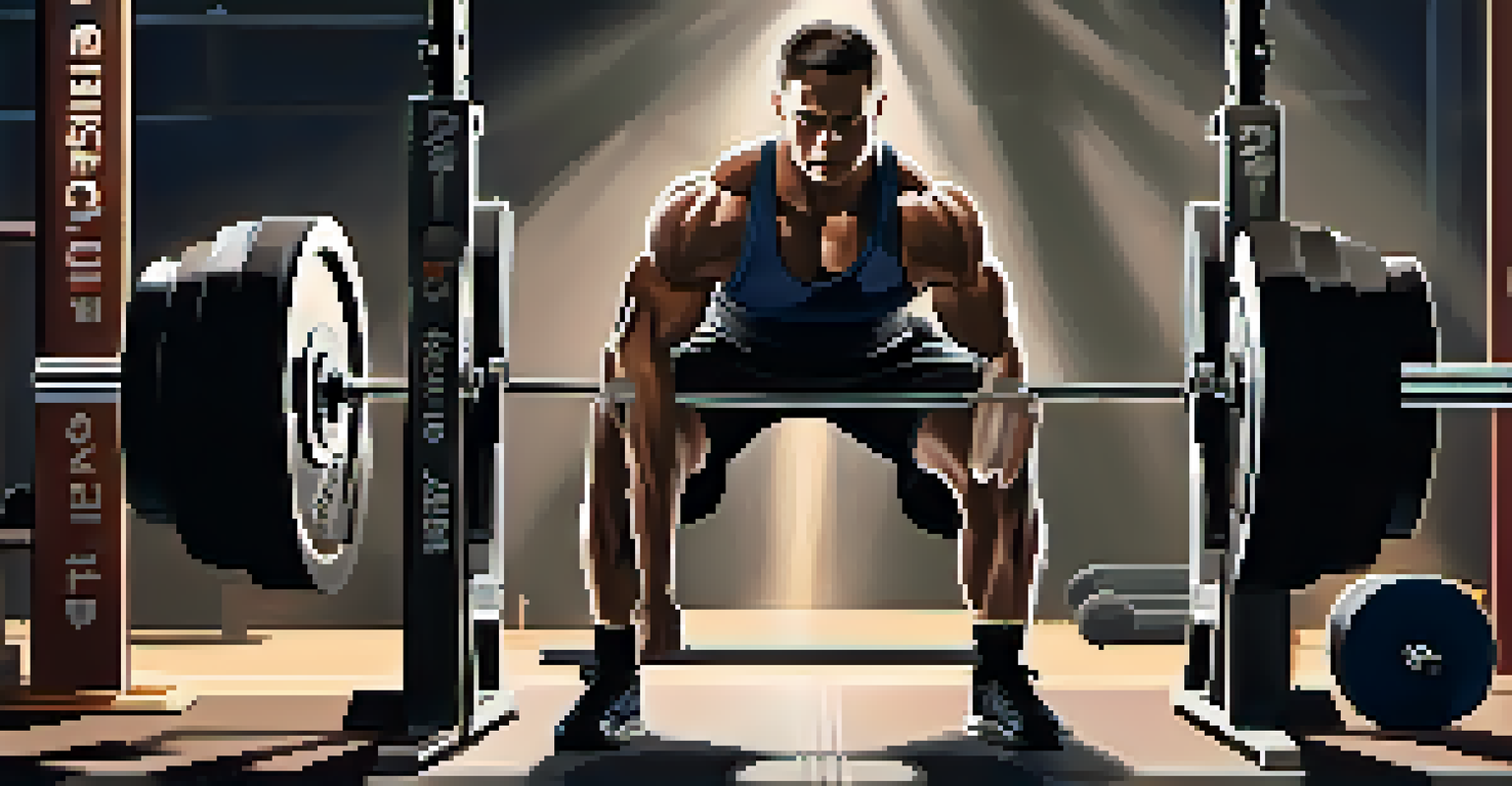 A powerlifter lying on a bench, poised to perform a bench press, showcasing intense focus and gym equipment around them.