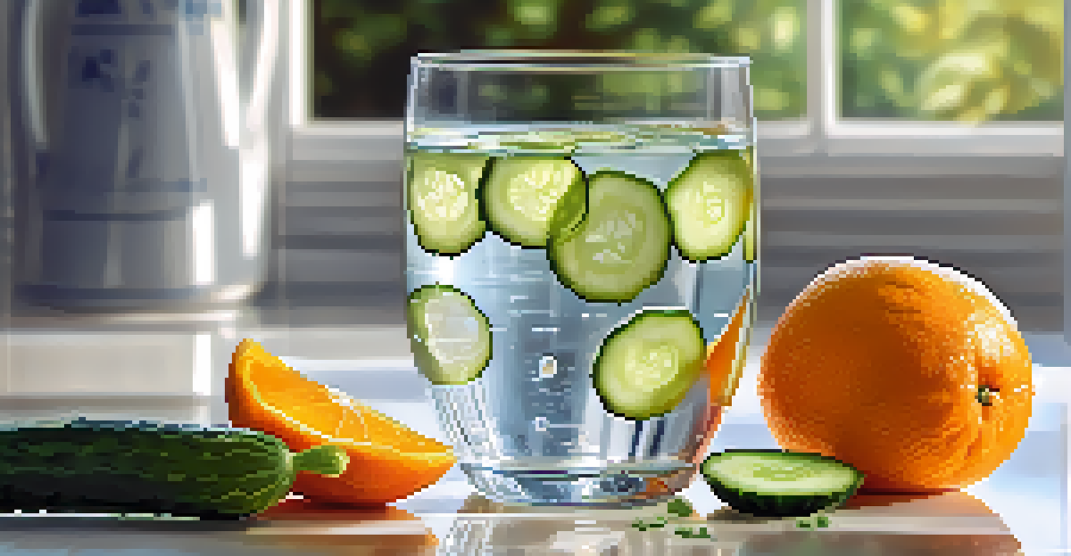 A glass of water with cucumber and orange slices in a well-lit kitchen, emphasizing the importance of hydration.