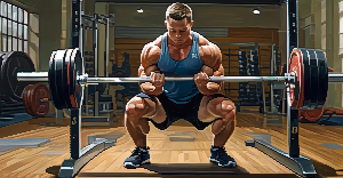 A powerlifter performing a squat with correct posture and alignment in a well-lit gym.