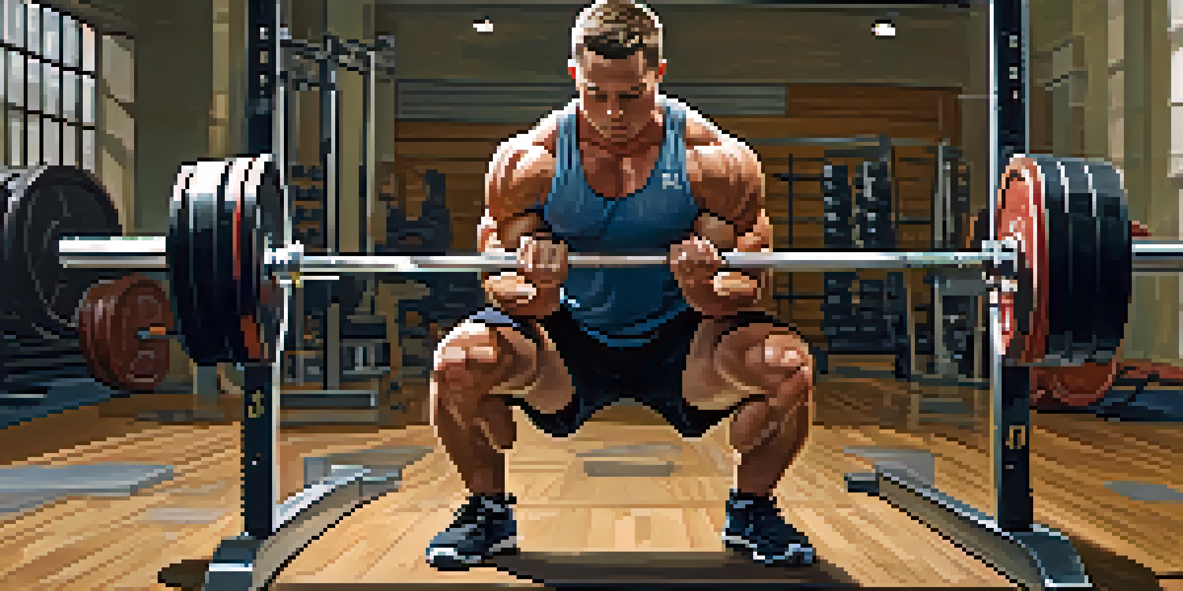 A powerlifter performing a squat with correct posture and alignment in a well-lit gym.